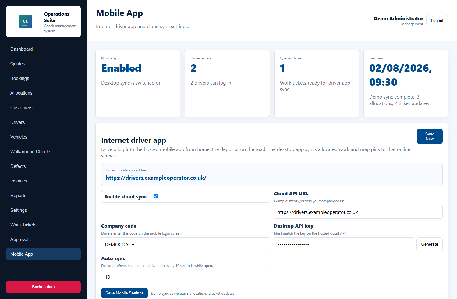 Sanitized CoachOps Manager mobile sync settings screenshot