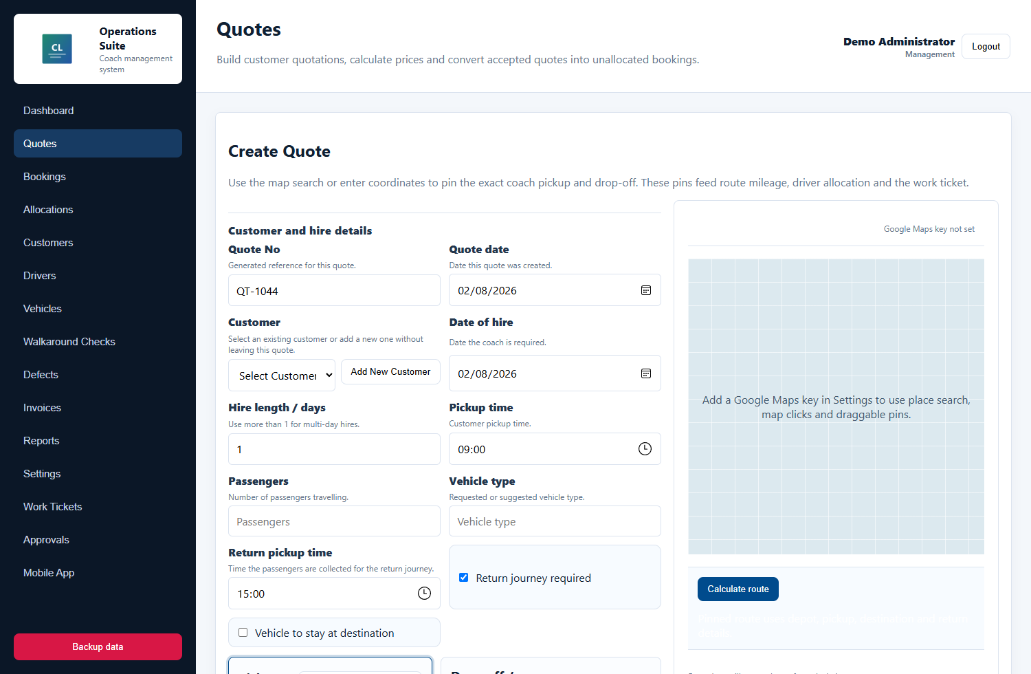 Sanitized CoachOps Manager quote screen with route pins and pricing fields