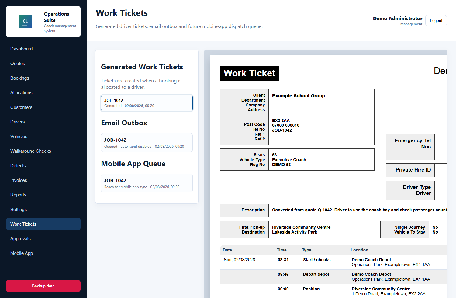 Sanitized CoachOps Manager work ticket screenshot with email and mobile queues